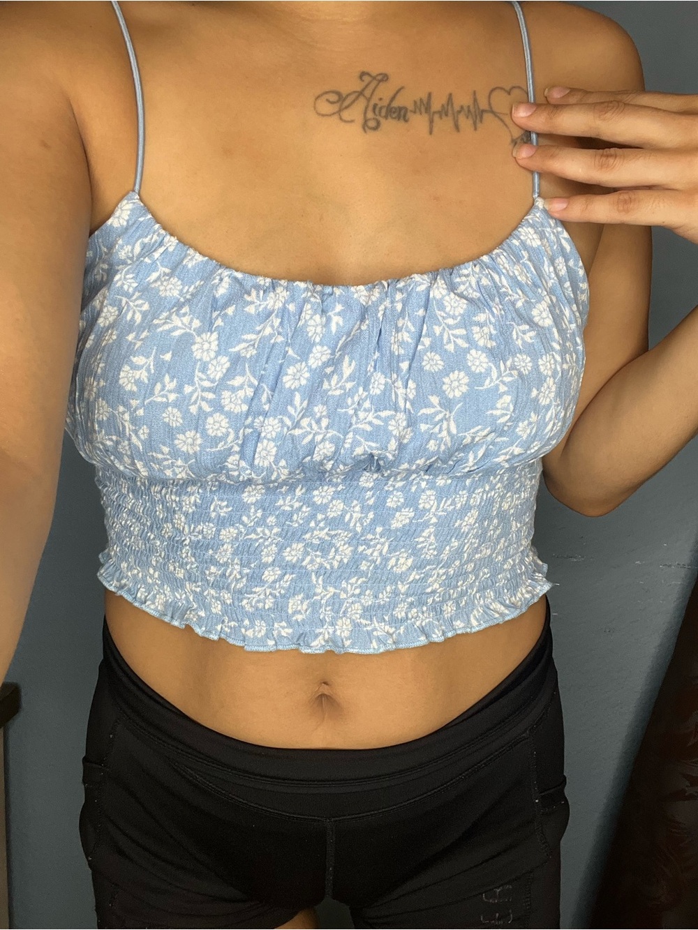 Ambiance Light Blue Floral Smocked Crop Cami